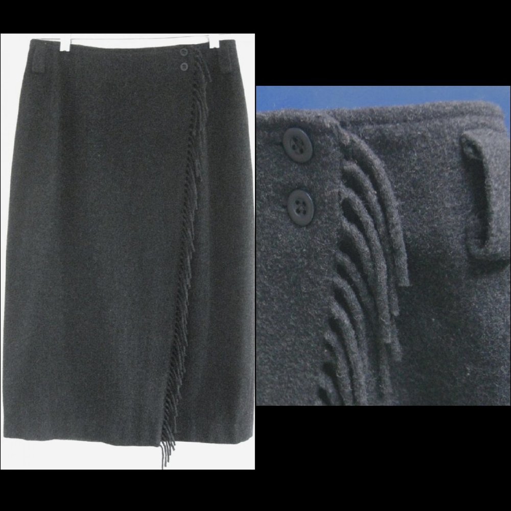 Long blanket skirt 8 Dark gray Fringe Wrap Wool bl Back slit Germany 38 Maxi